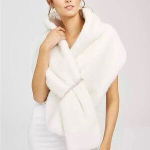 Adrianna Papell White Faux Fur Wrap with Silver Accent